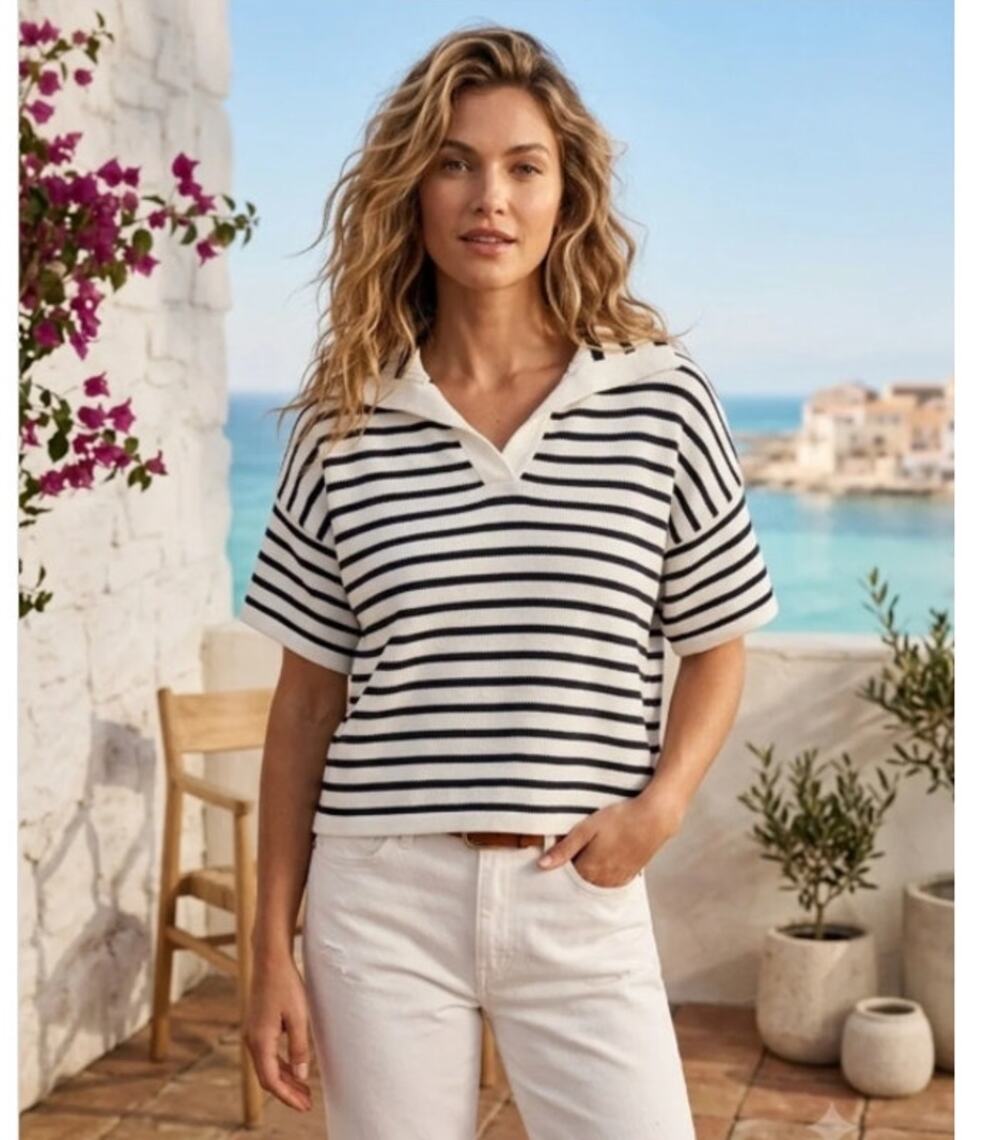 Tuckernuck Ivory Navy Stripe Claire Polo Sweater XXL Johnny Collar Short Sleeve